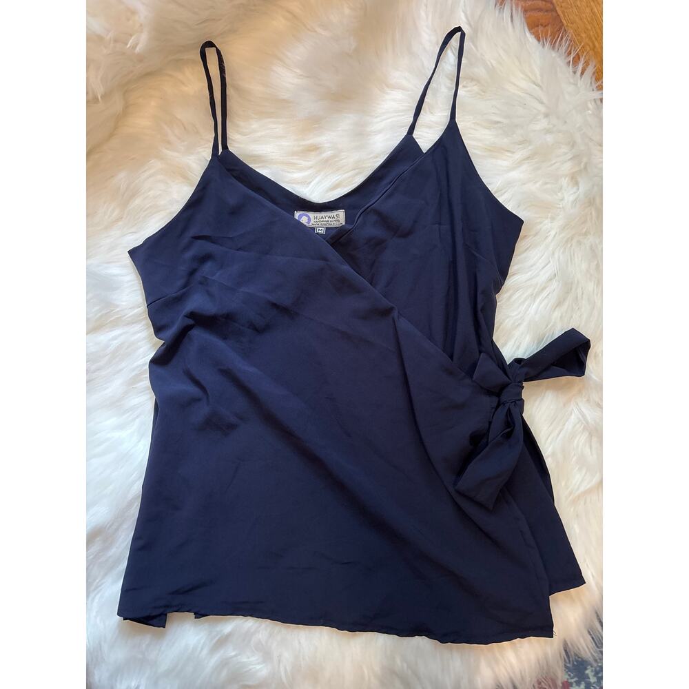 Huaywasi Navy Blue French Silk Handmade Vero Wrap Top Medium